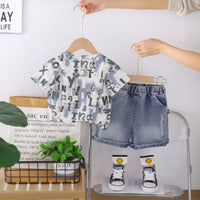 Boys Grey Typographic Print Short Sleeves T-Shirt With Denim Shorts Set Sets