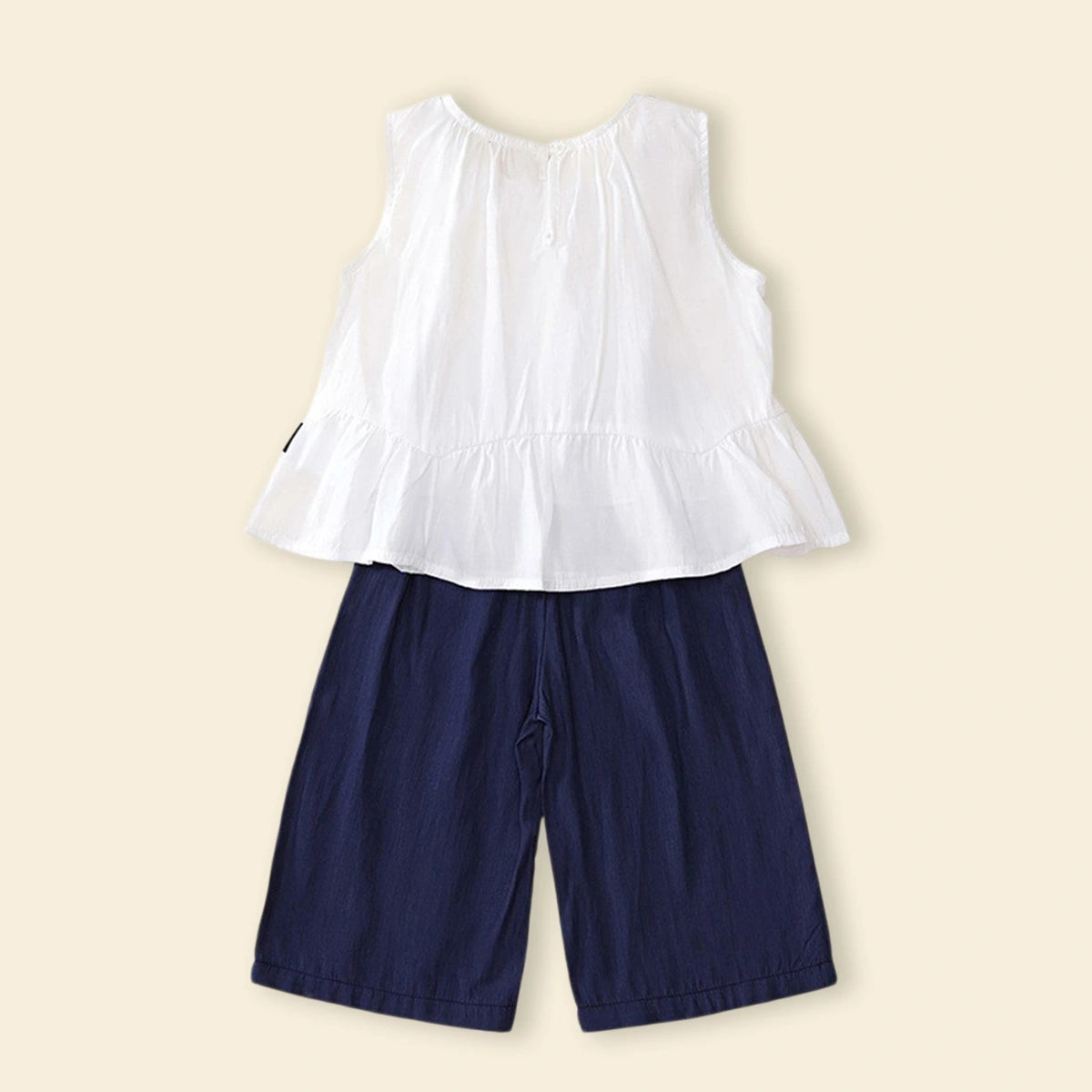 Girls White Sleeveless Peplum Top with Embellished Neckline & Pants Sets Sets