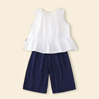 Girls White Sleeveless Peplum Top with Embellished Neckline & Pants Sets Sets