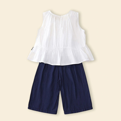 Girls White Sleeveless Peplum Top with Embellished Neckline & Pants Sets Sets