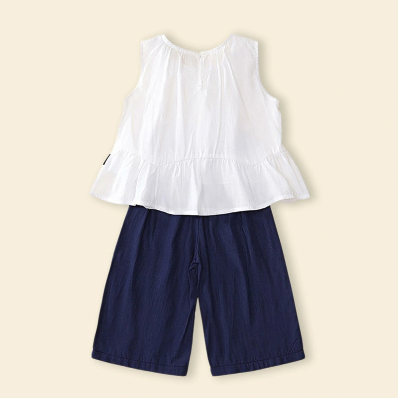 Girls White Sleeveless Peplum Top with Embellished Neckline & Pants Sets Sets