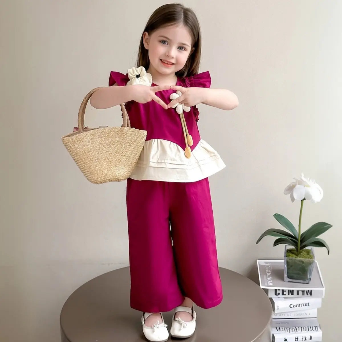 Girls Magenta Flower Applique Peplum Top With Pant Sets Sets Magenta 1-2 Y