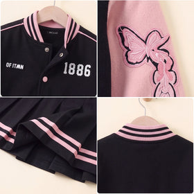 Girls Pink Alphanumeric Printed Varsity Jacket With Pleated Skirt Sets 2 pc. Sets