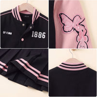 Girls Pink Alphanumeric Printed Varsity Jacket With Pleated Skirt Sets 2 pc. Sets