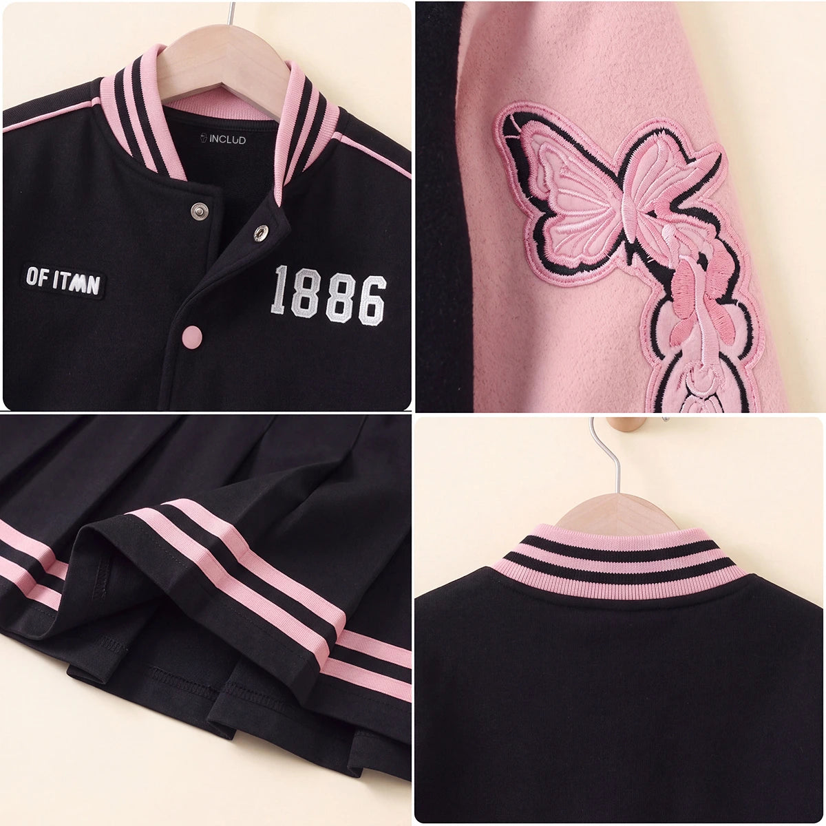Girls Pink Alphanumeric Printed Varsity Jacket With Pleated Skirt Sets 2 pc. Sets