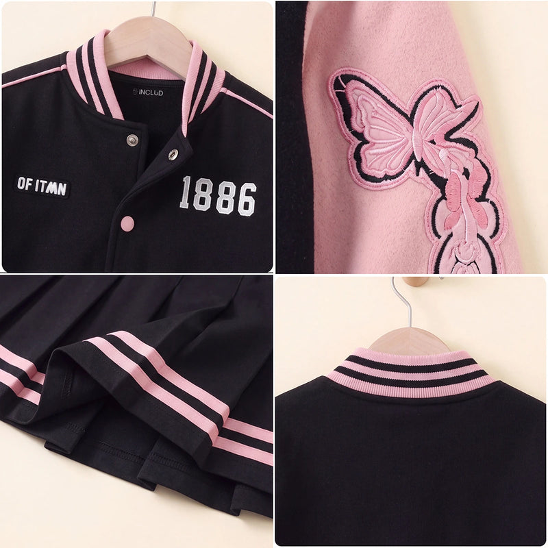 Girls Pink Alphanumeric Printed Varsity Jacket With Pleated Skirt Sets 2 pc. Sets