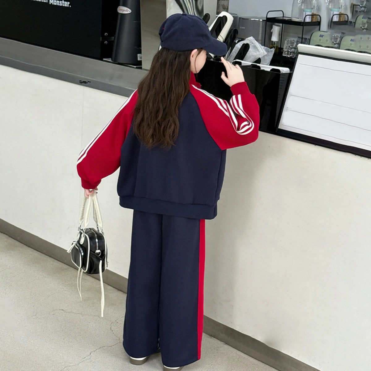 Girls Navy Blue Colorblocked Zip-up Jacket With Pants Sets Sets