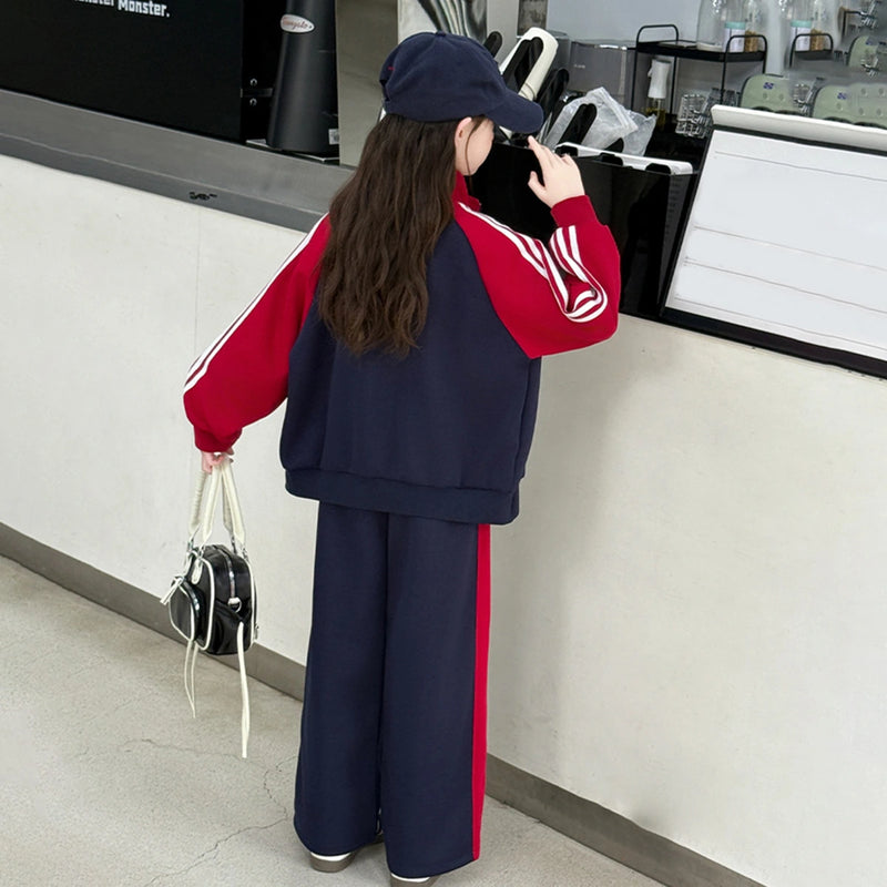 Girls Navy Blue Colorblocked Zip-up Jacket With Pants Sets Sets