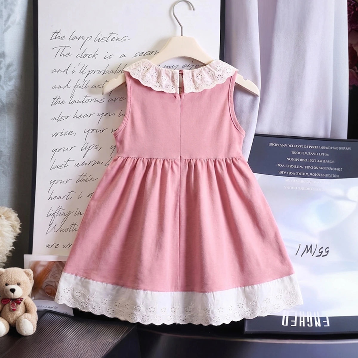 Girls Pink Sleeveless Fit & Flare Dress With Lace Hem Casual Dresses