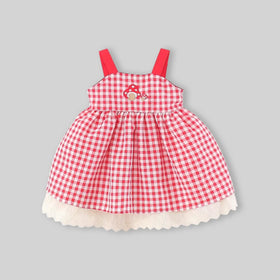 Girls Red Checked Mushroom Embroidered Fit & Flare Dress Casual Dresses