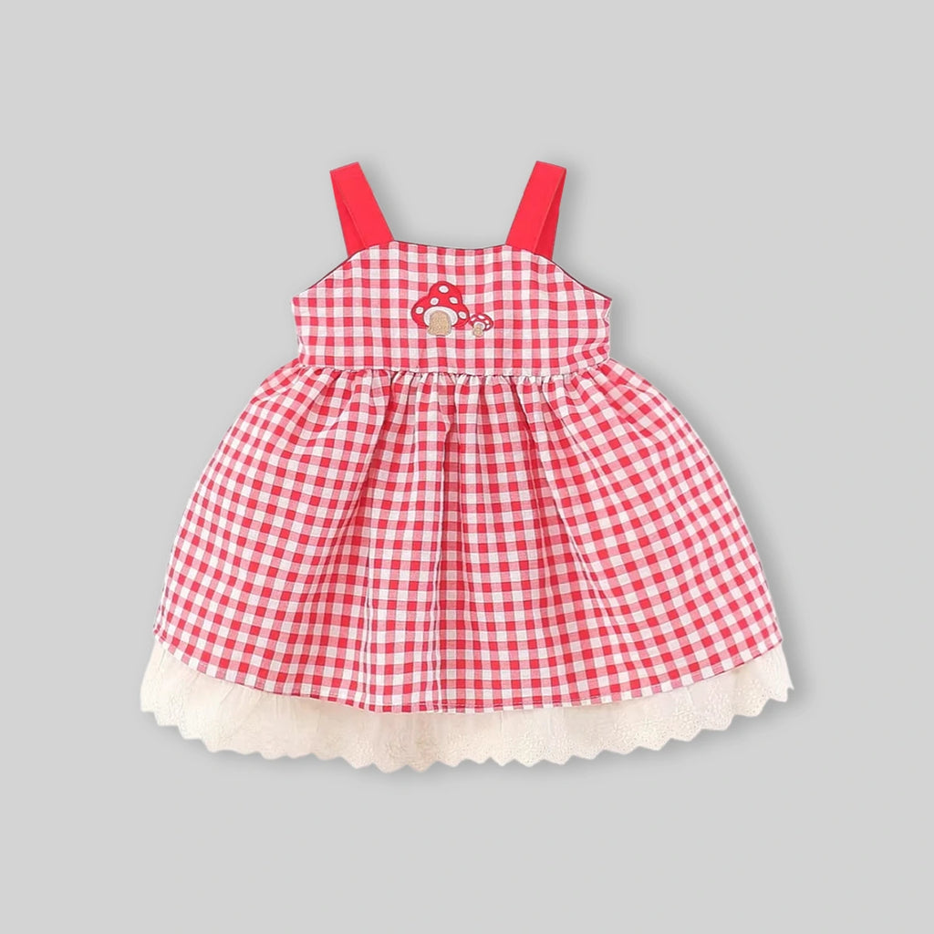 Girls Red Checked Mushroom Embroidered Fit & Flare Dress Casual Dresses