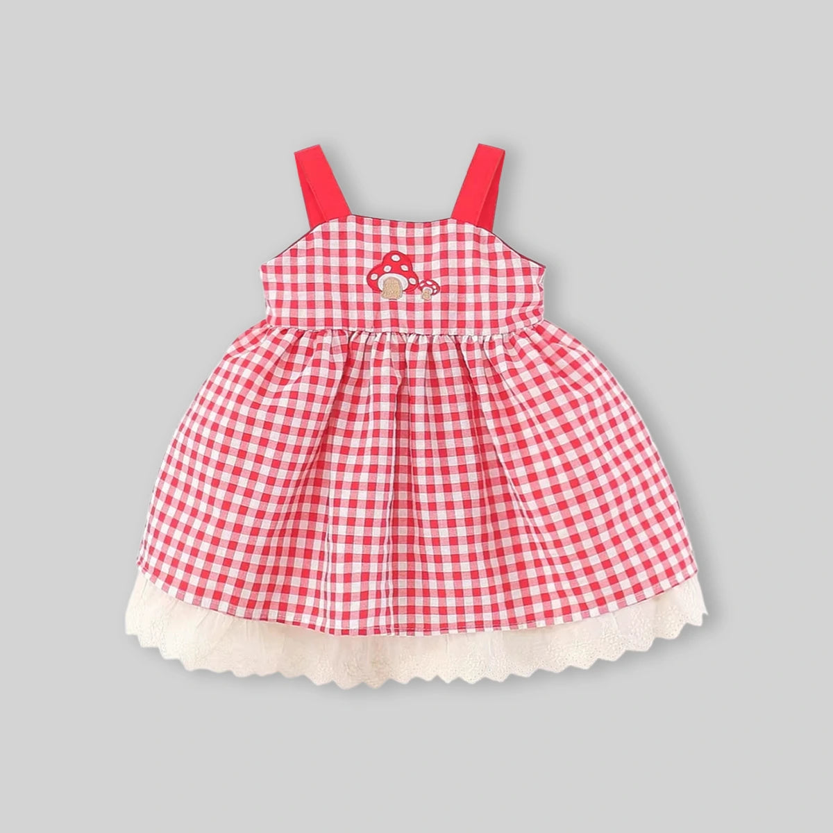 Girls Red Checked Mushroom Embroidered Fit & Flare Dress Casual Dresses