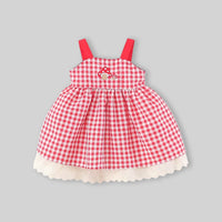 Girls Red Checked Mushroom Embroidered Fit & Flare Dress Casual Dresses