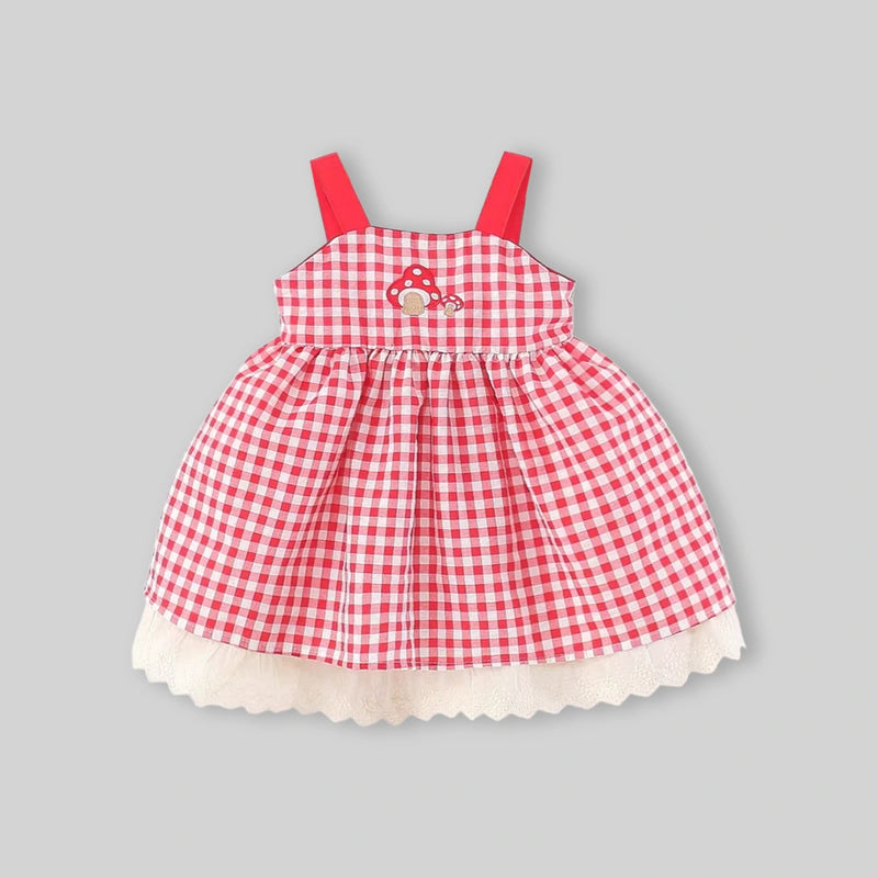 Girls Red Checked Mushroom Embroidered Fit & Flare Dress Casual Dresses