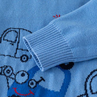 Boys Light Blue Regular Sweater With Self-Design Car Patterns Sweaters & Cardigans