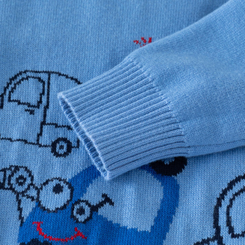 Boys Light Blue Regular Sweater With Self-Design Car Patterns Sweaters & Cardigans