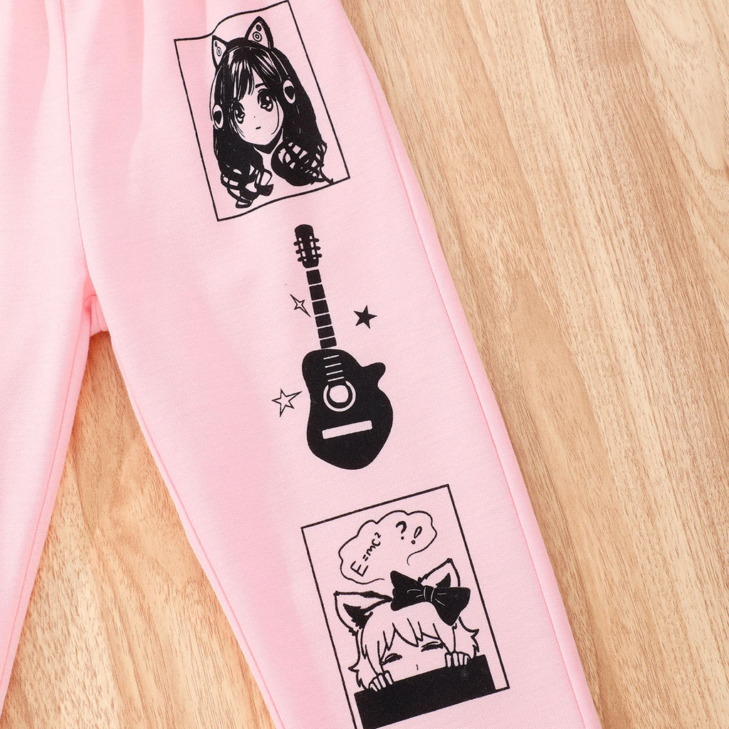 Girls Pink Printed Crop Top with Joggers and Tank Top Set Sets