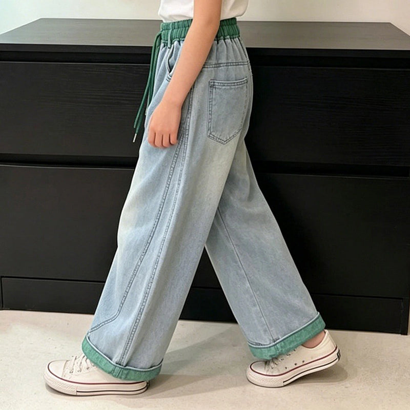 Girls Blue Relaxed Fit Denim Jeans with Drawstring Pants