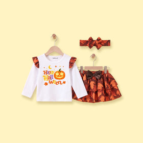 Girls White Happy Halloween Print Top With Skirt Sets 2 pc. Sets White 1-2 Y