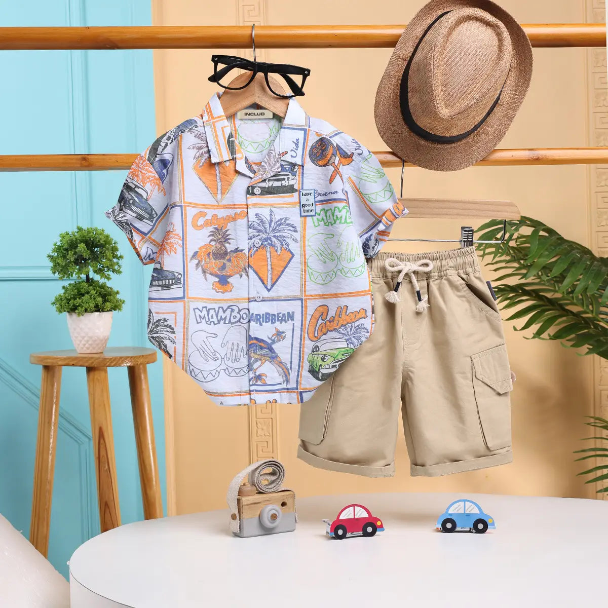 Boys Khaki Printed Short Sleeves Shirt With Cargo Shorts Sets Sets Khaki 6-12 M