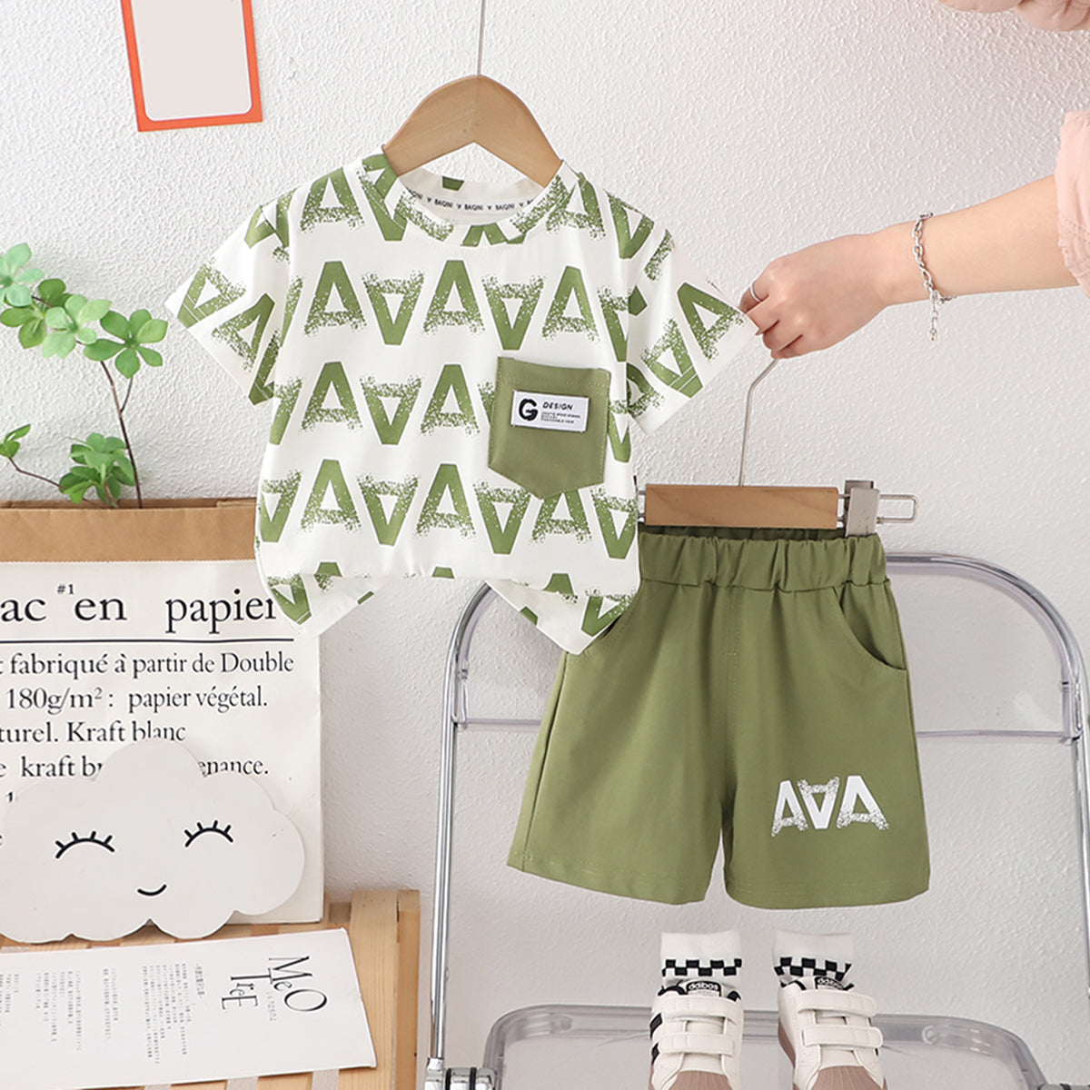 Boys Green Printed Short Sleeves T-Shirt With Contrast Patch Pocket And Shorts Set 2 pc. Sets