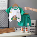 Boys Green Lion Cartoon Print Short Sleeves T-Shirt With Shorts Set Sets Green 1-2 Y