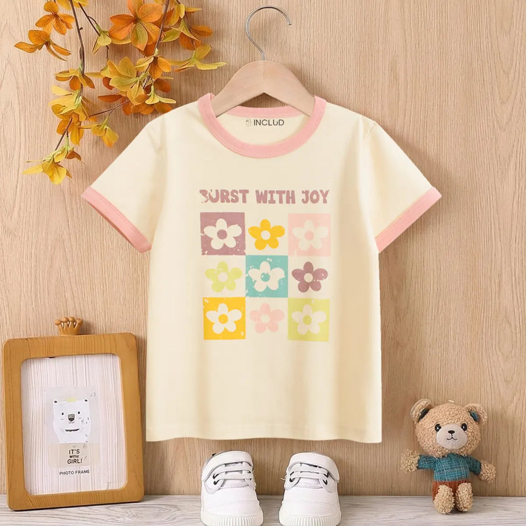 Girls Cream Floral Print Short Sleeve T-Shirt Tshirts Cream 1-2 Y