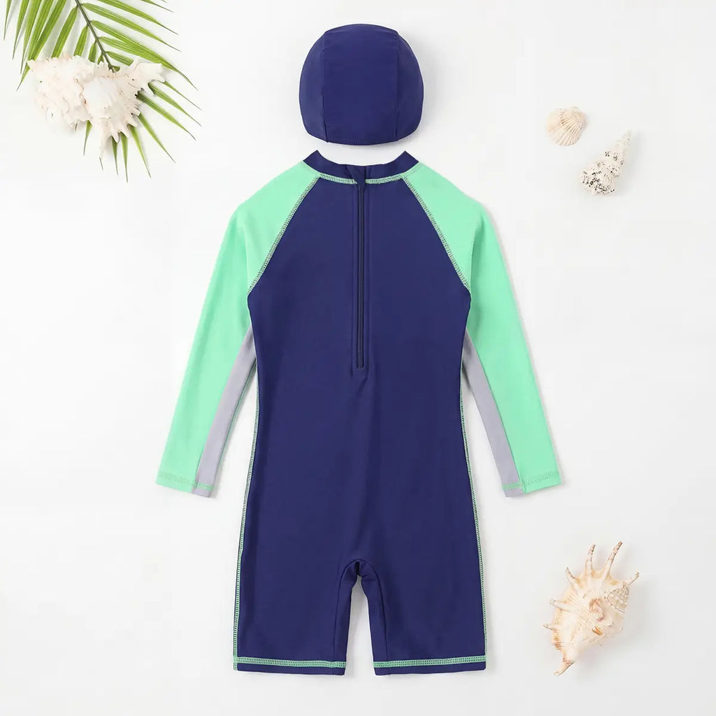 Boys Navy Blue Graphics Swimwear Bodysuit With Swim Cap Beachwear