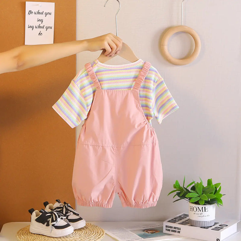 Girls Light Pink Toy Applique Dungaree With Short Sleeve Stripes T-Shirt Sets 2 pc. Sets