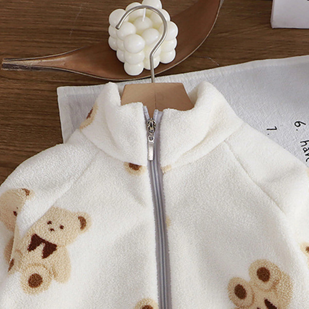Girls White Fleece Teddy Bear Cartoon Printed Zip-up Jacket With Jogger Co-ord Sets Sets