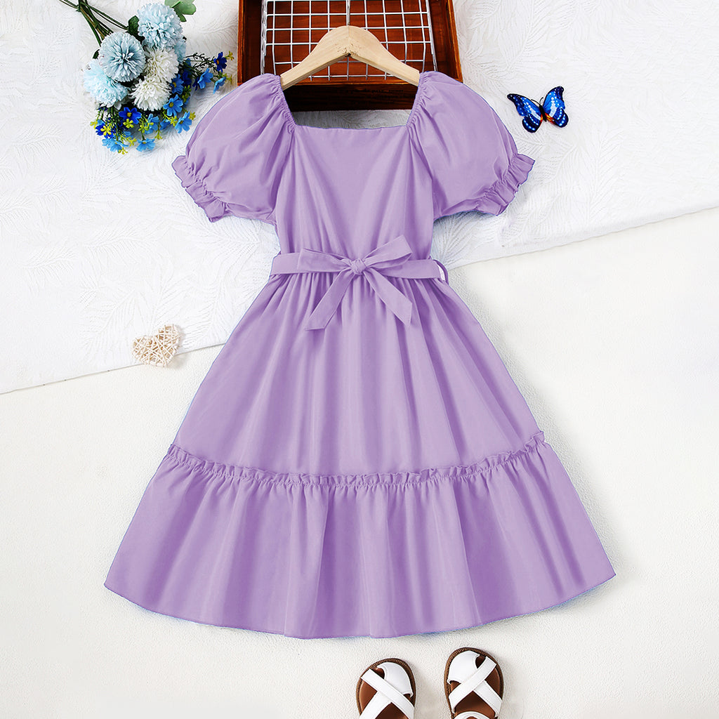 Girls Purple Short Sleeve Fit & Flare Square Neck Dress Casual Dresses