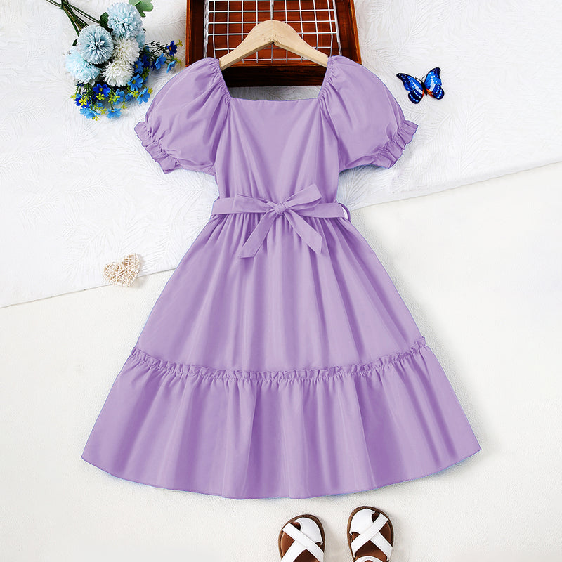 Girls Purple Short Sleeve Fit & Flare Square Neck Dress Casual Dresses