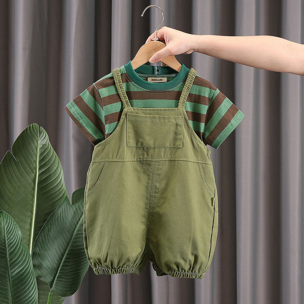 Boys Short Sleeve Striped T-Shirt With Dungaree Set