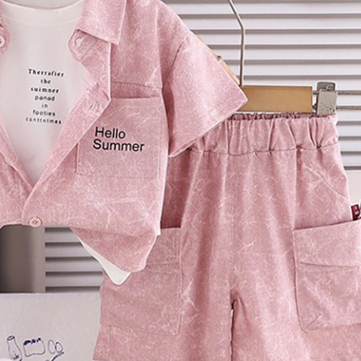 Boys Pink Typographic Printed Shirt With Printed T-shirt And Shorts Sets 3 pc. Sets