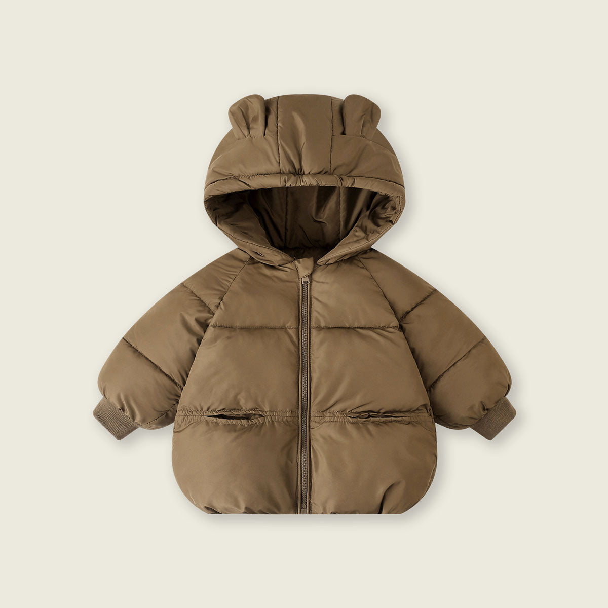 Girls Light Brown Solid Front Zipper Hooded Puffer Jacket Coats & Jackets