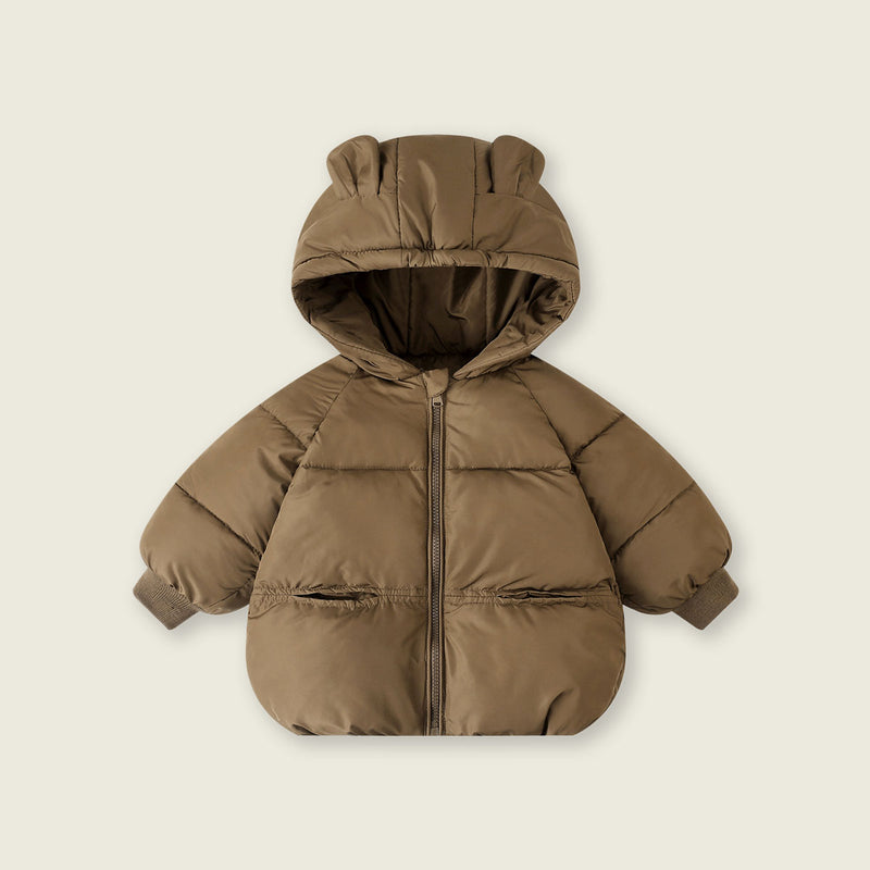 Girls Light Brown Solid Front Zipper Hooded Puffer Jacket Coats & Jackets