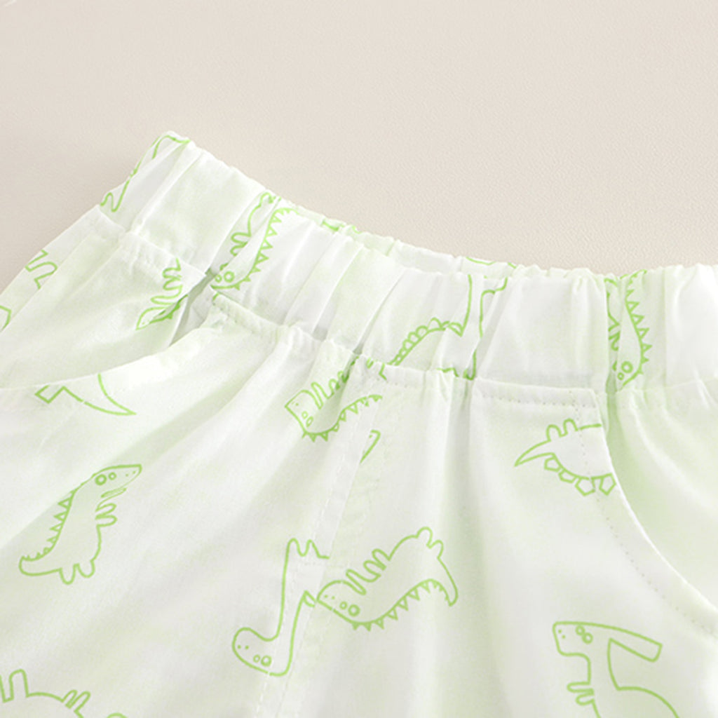 Boys Green Dinosaur Printed Shirt With Sleeveless T-Shirt And Shorts Set 3 pc. Sets