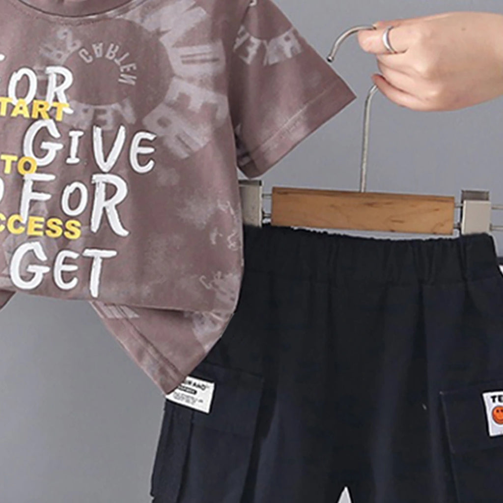 Boys Light Brown Typographic Printed Short Sleeve T-Shirt With Cargo Shorts Sets 2 pc. Sets