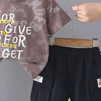 Boys Light Brown Typographic Printed Short Sleeve T-Shirt With Cargo Shorts Sets 2 pc. Sets