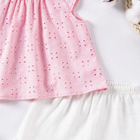 Girls Pink Eyelet Embroidered Top With Ruffle Hem Shorts Set Sets