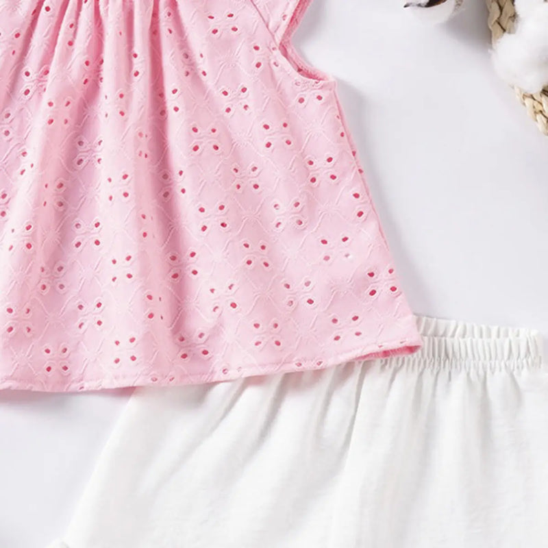 Girls Pink Eyelet Embroidered Top With Ruffle Hem Shorts Set Sets