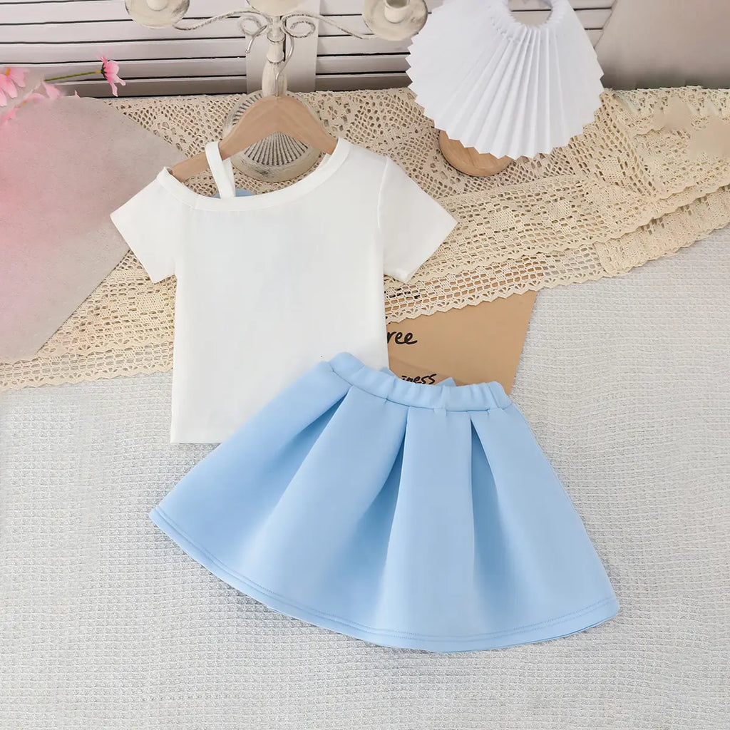 Girl 3D Flower Applique Top With Light Blue Bow Applique Skirt Sets Sets