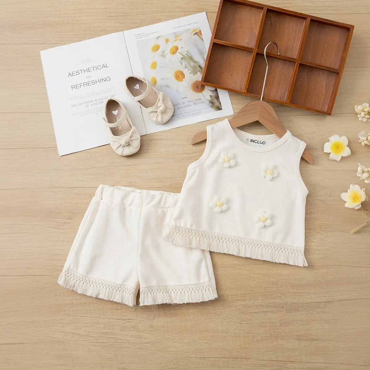Girls Apricot 3D Flowers Applique Sleeveless Top With Shorts Set Sets Apricot 1-2 Y