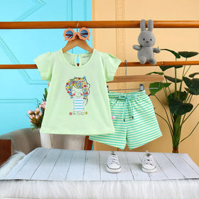 Girls Light Green Floral Graphic Short Sleeves Top With Drawstring Shorts Sets Sets Light Green 6-12 M