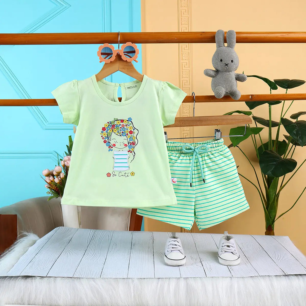 Girls Light Green Floral Graphic Short Sleeves Top With Drawstring Shorts Sets Sets Light Green 6-12 M