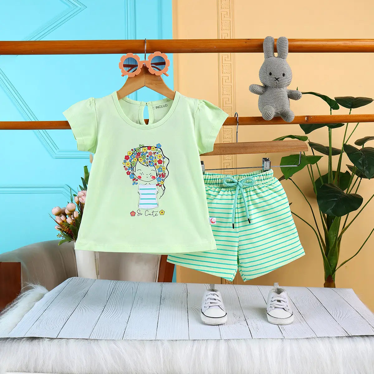 Girls Light Green Floral Graphic Short Sleeves Top With Drawstring Shorts Sets Sets Light Green 6-12 M