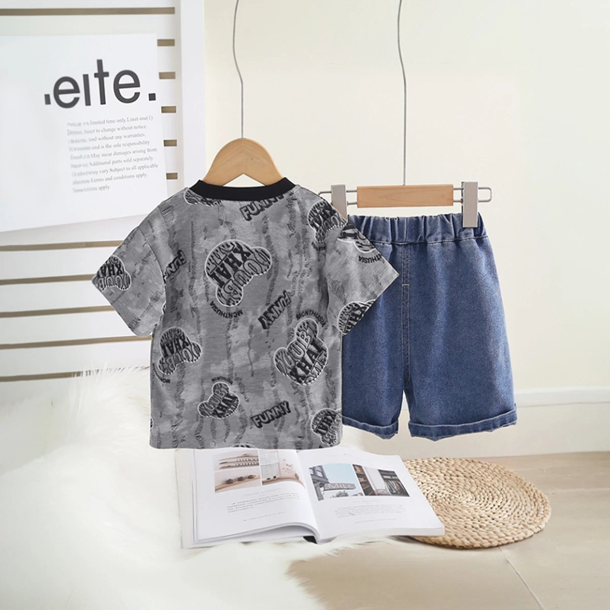 Boys Grey Typographic Print T-Shirt With Distressed Denim Shorts Set Sets