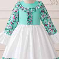 Girls Teal Floral Print Maxi Dress With Long Sleeves Casual Dresses