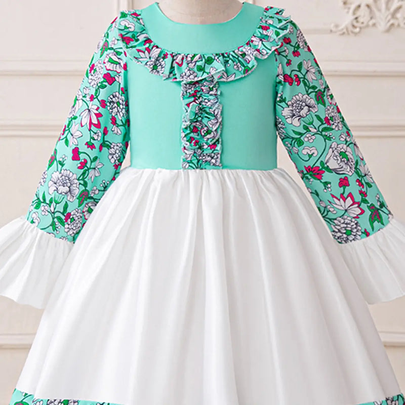 Girls Teal Floral Print Maxi Dress With Long Sleeves Casual Dresses