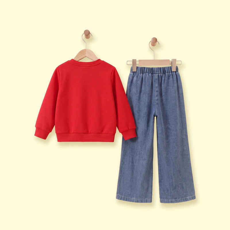Girls Red Butterfly Long Sleeve Sweatshirt With Denim Pants Sets 2 pc. Sets